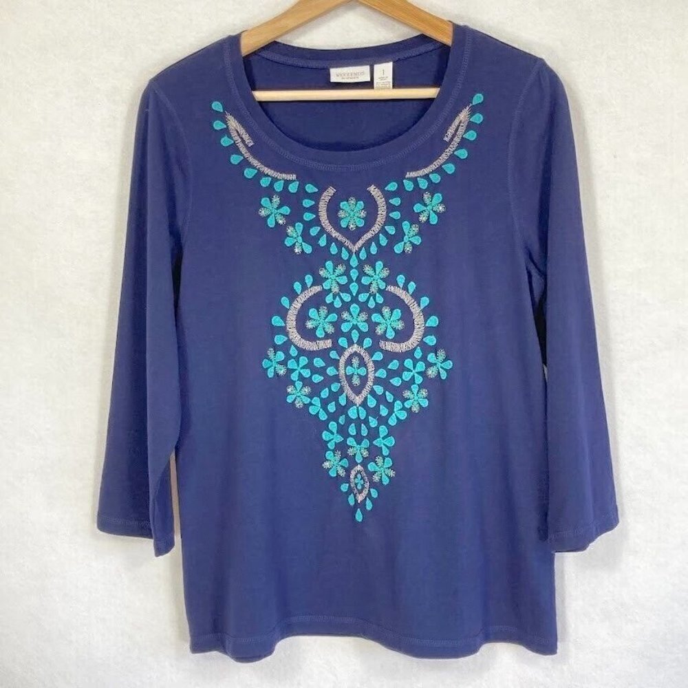Chico's Beaded Floral T-Shirt Peasant Boho Cottage Grandma Core Blue M